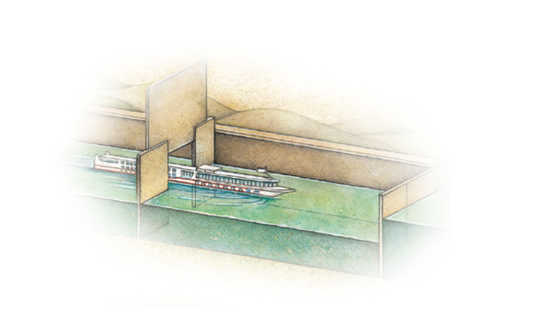 第一扇门打开，船只开始进入船闸内部